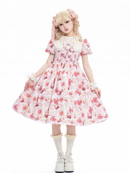 Lace Puff Pink with Sleeves Collar Lolita Beige Dress Print Strawberry Sweet