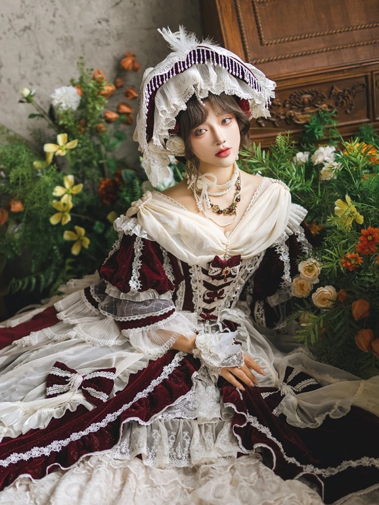 Hanayome Set Shimmering OP High-low and Velvet Lolita Gorgeous Full Dress White Red