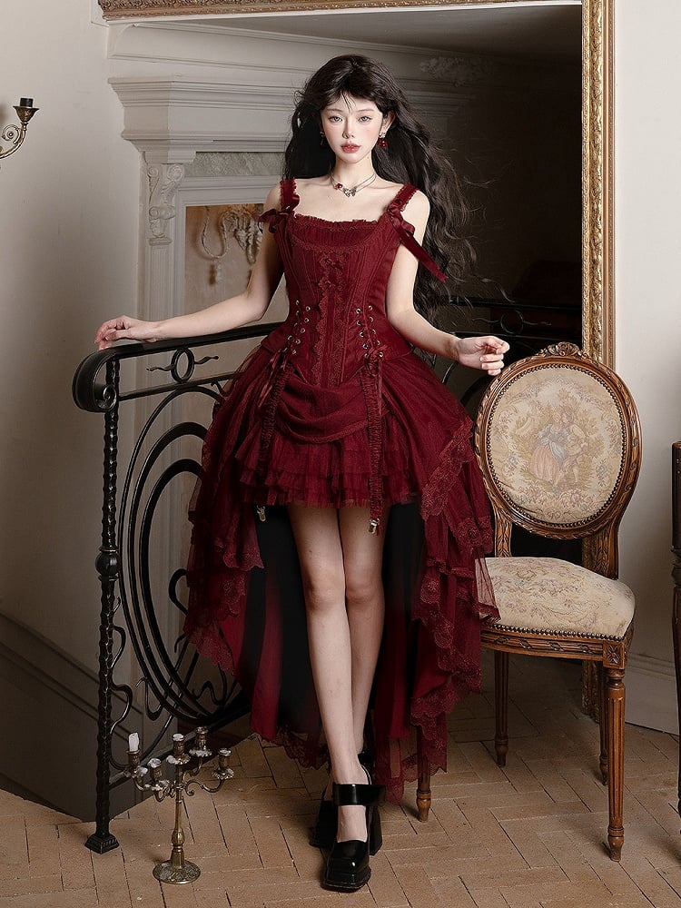 Red Classic Lolita Corset Top with Layered Tulle Skirt - Caramelantike