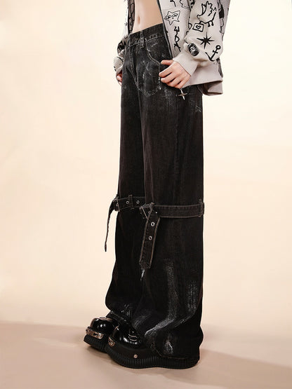 mit verstellbarem Kniegürtel Design Taille Weites Bein Jeans Schwarz Niedrig