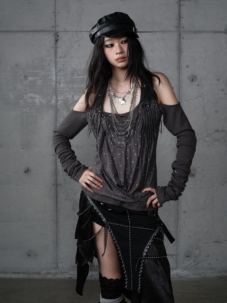 Knit Accents Cutout Gray Layered Shoulder Sequin Top Studded Dark with