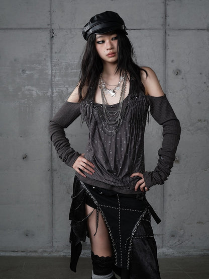 Knit Accents Cutout Gray Layered Shoulder Sequin Top Studded Dark with