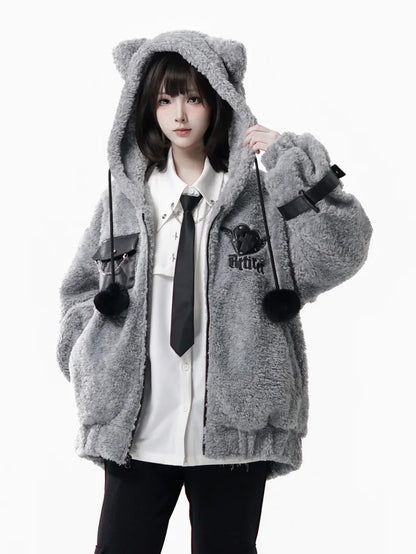Hooded Pompon Ear Charm Jacket - Grey Plush Kitty