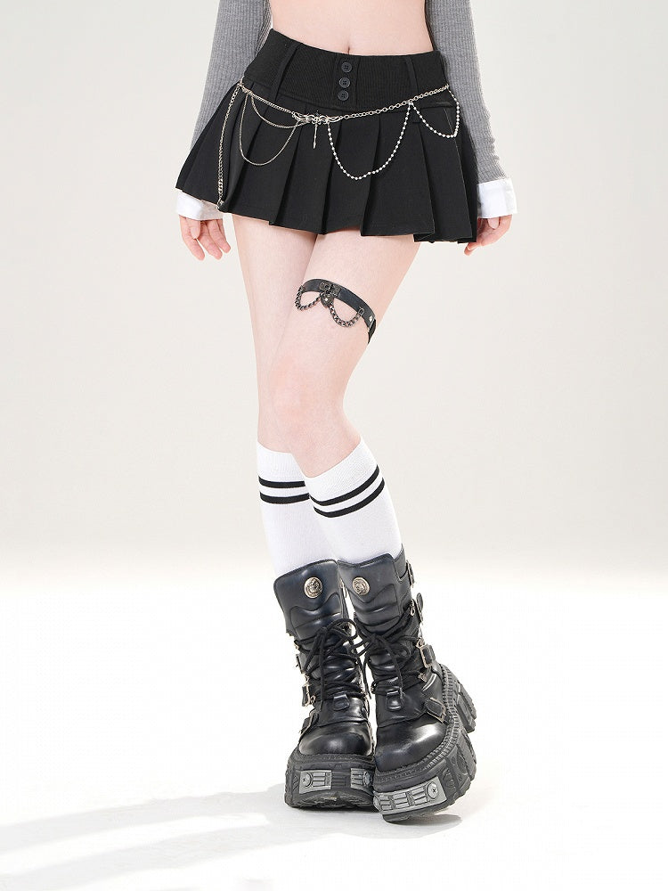 Skirt Black/White with Design Front Button - Pleated Placket Mini Slimming