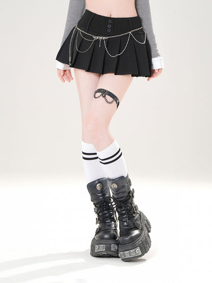 Skirt Black/White with Design Front Button - Pleated Placket Mini Slimming