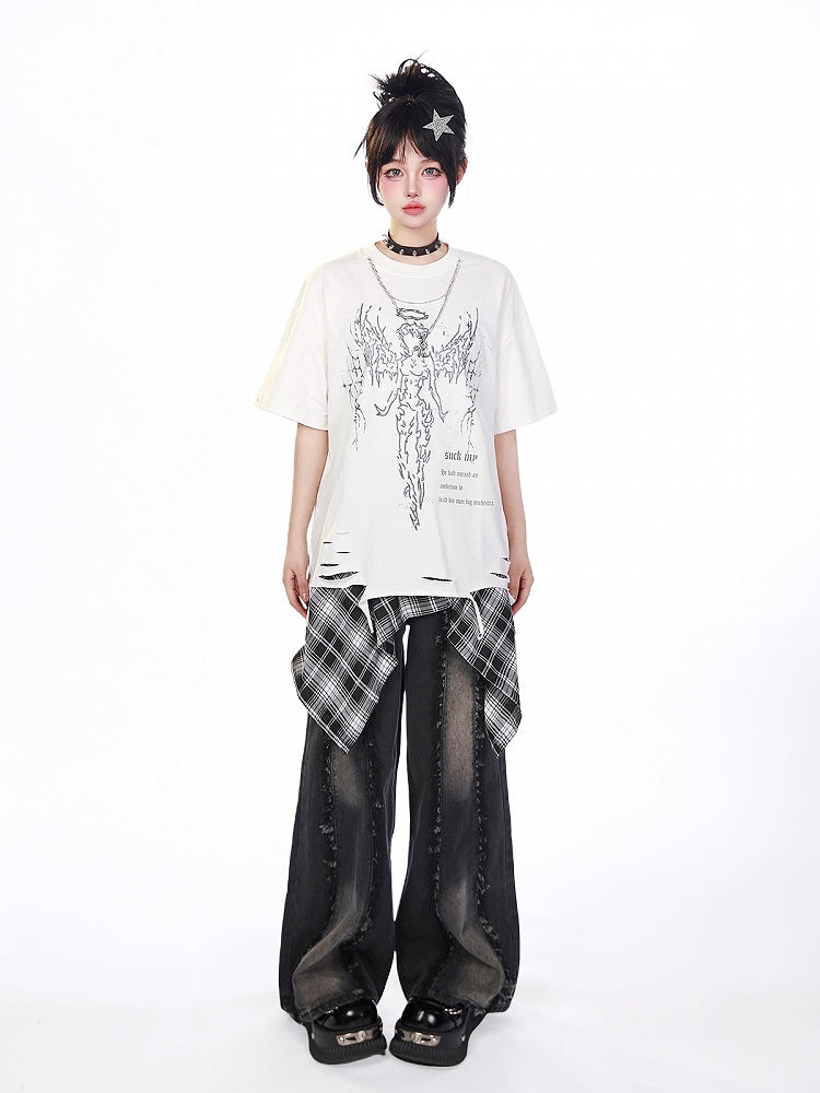White/Black Distressed T-Shirt with Angelic Outline and Detachable Chain Cross