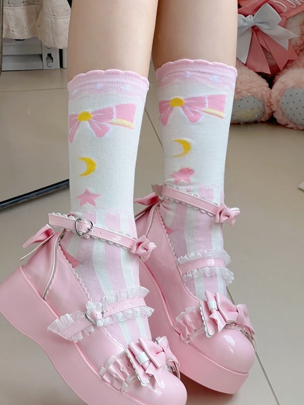 Sweet Lolita Striped Calf Socks with Bow, Star and Moon Print