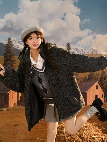 Mantel Ohren Kapuze Fleece Wolf Grau