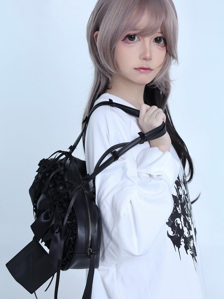 Details Bag Jirai Bowknot Trim Straps Kei Shoulder Ruffles Black Self-tie