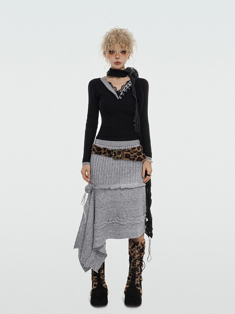 Asymmetrical Grey A-Line Knit Skirt with Rose Ribbon Detail