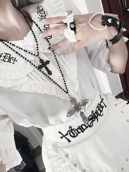 Straps Peter Pan White CollarBuckle Blousewith Sleeve Short Gothic Ruffled