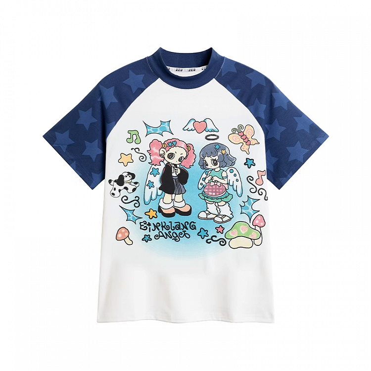Blau-weißes T-Shirt mit Farbblock-Design und Cartoon-Mädchen-Print im Y2K-Stil