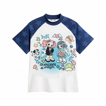 青と白のカラーブロックデザイン 漫画ガールプリントTシャツ Y2K