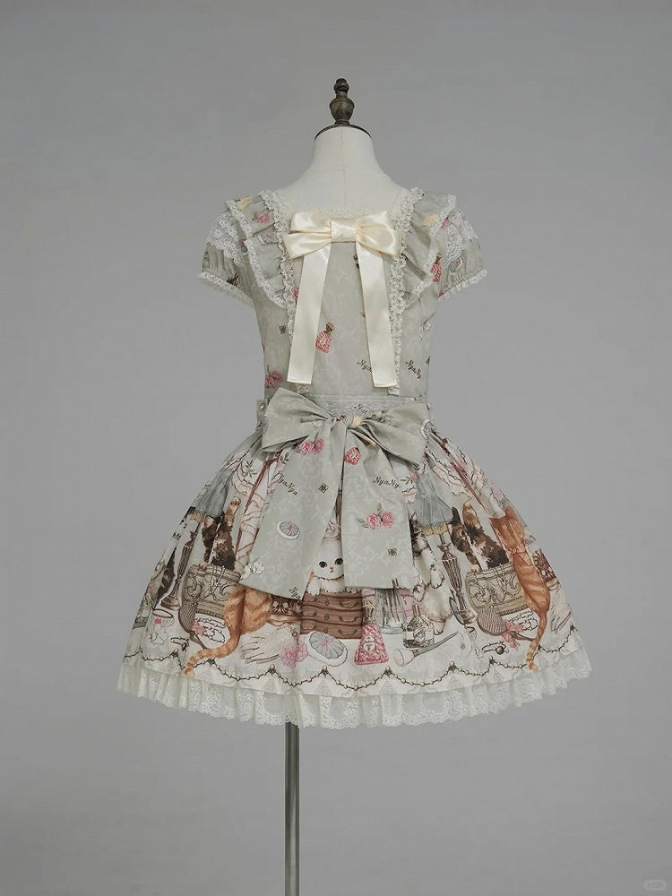 Green Cat Print Square Neckline Sweet Lolita JSK Dress with Plush Cat Patch - NyaNya