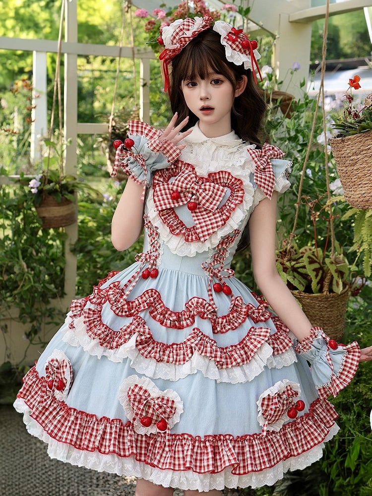 Scarlet and Navy Cherry Polka-Dot Lace JSK - Rosede Cheese