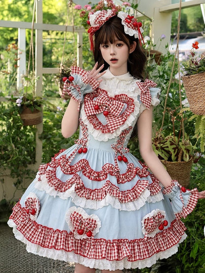 Scarlet and Navy Cherry Polka-Dot Lace JSK - Rosede Cheese