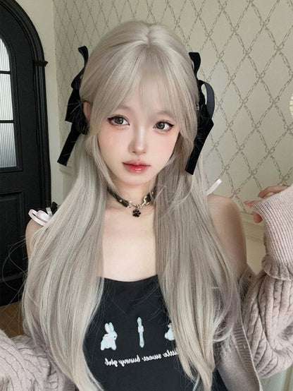 Light Gray 71cm Long Straight Wig with Air Bangs - Alice Garden