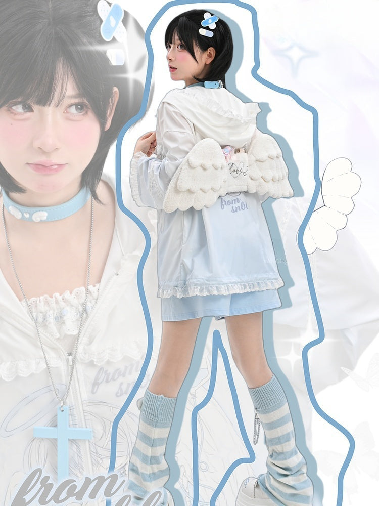 日焼け防止フード付き青と白のアニメガールプリントフリル裾ジャケットレース