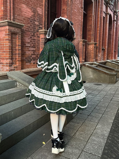 Green Plaid Bunny Ears and Cape Petal-like Trim Hooded with