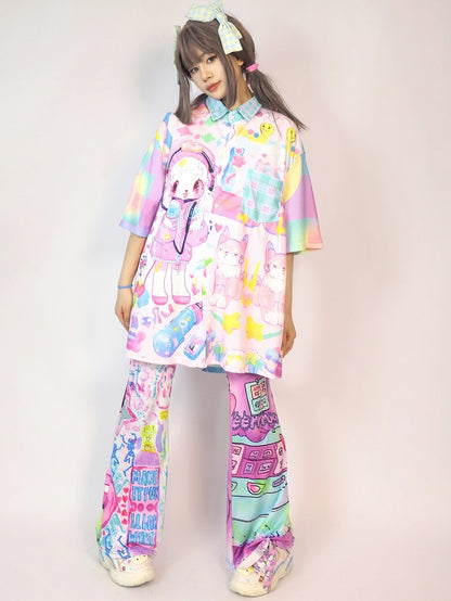 Plaid Blue Shirt Cartoon Print Pattern Light