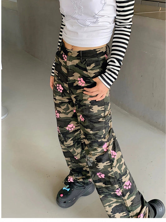 Pink Pants Camouflage Cat with Details Paw Rhinestone
