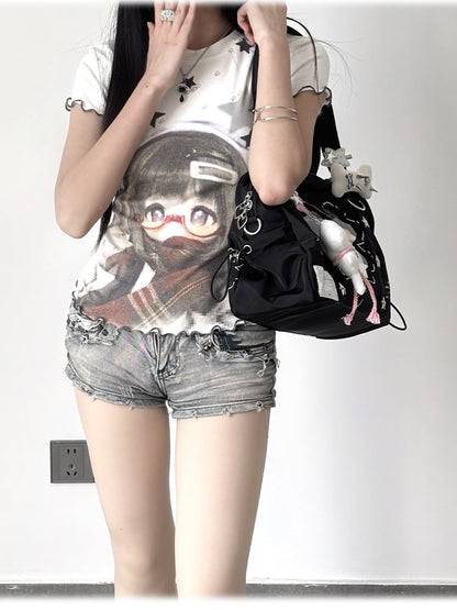 Star Doll and T-shirt White BJD Hem Print Ruffled