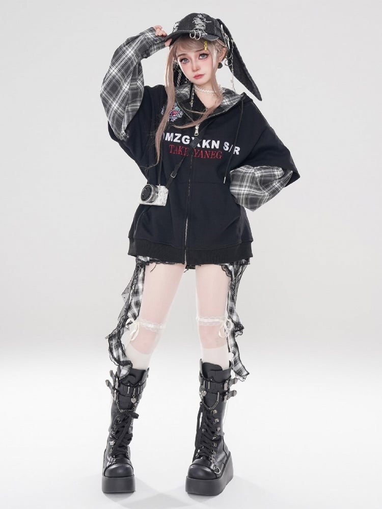 Plaid Patchwork Hoodie Schwarz Ärmel Weiß