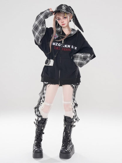 Plaid Patchwork Hoodie Schwarz Ärmel Weiß