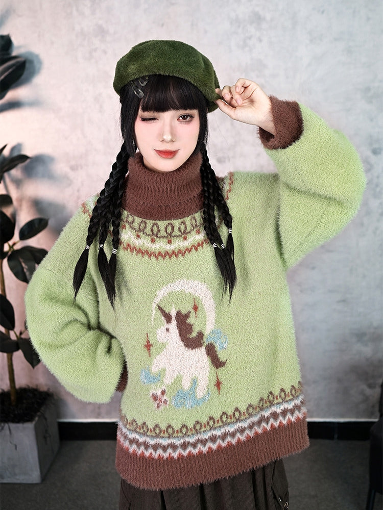 Green Jacquard Unicorn High-neck Sweater Isle Fair
