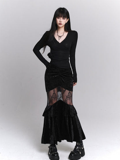 Gothic Black Velvet Contrast Lace Patches Ruched Design Mermaid Skirt