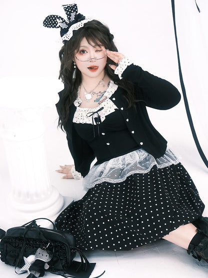 White Below-Knee Zipper with Side Plus Dots Skirt Black Size Polka