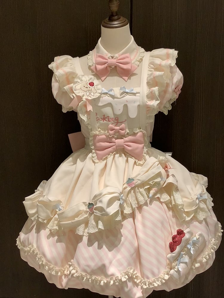 Beige Lolita Pink Apron Decor OP Adorable Puppy and Stripe Cake Dress Bubble Skirt Brooch with