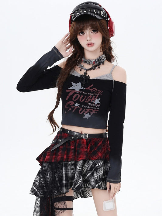 Y2K Schwarze Buchstaben Fake Zweiteiliges Design Cropped Top