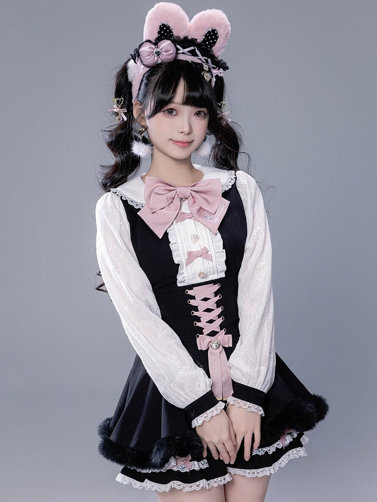 Full Shorts Black Pink Bunny Matching Cape Set Kei Brooch Dress Ear Jirai Bow + Lace Plush