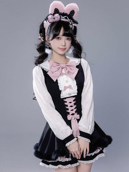 Full Shorts Black Pink Bunny Matching Cape Set Kei Brooch Dress Ear Jirai Bow + Lace Plush