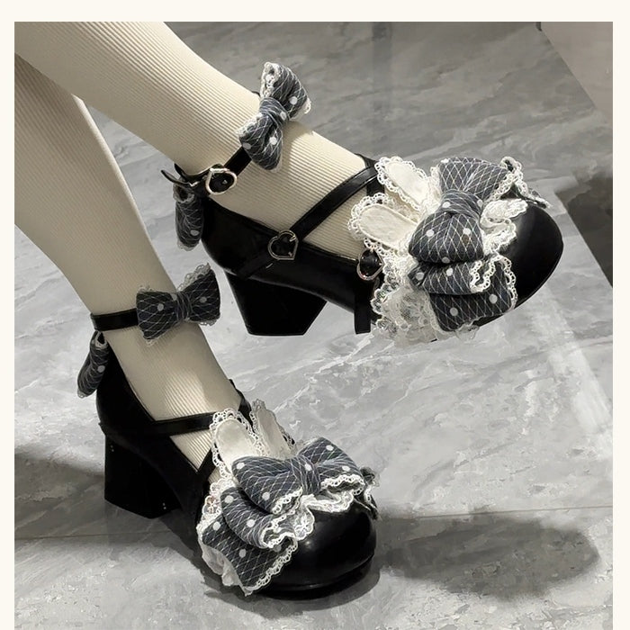 Mary - Heart Black Toe Dot Round Jane Bunny Ear Buckles with Polka Shoes Low/Mid-heel Bows