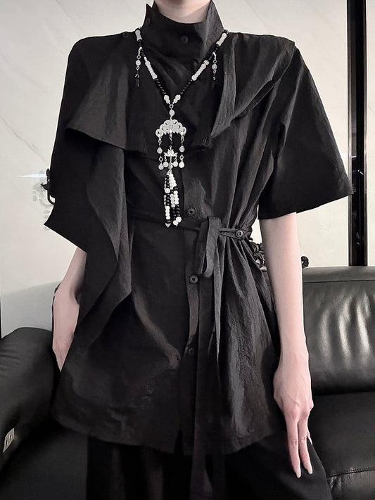 Gothic Style Black Asymmetrical Short Sleeve Shirt with Banded Collar - Aont