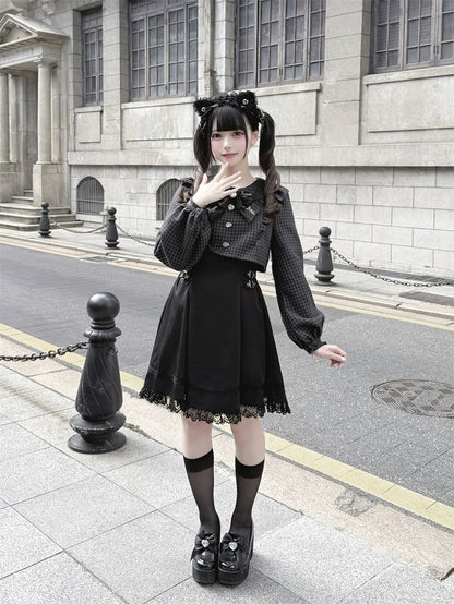 Hahnentrittmuster und lang mit Taille Faux Jirai Kleid Schwarz Kei Zweiteilige Schnallen Quadratisches Design Ärmel