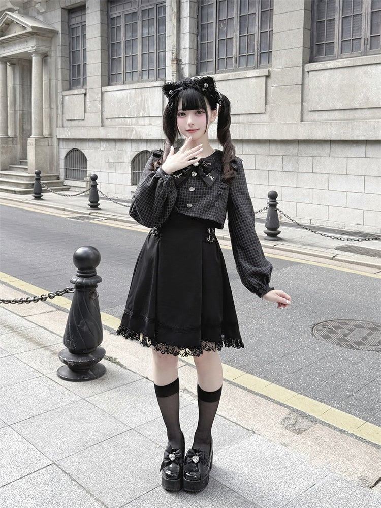 Black with Jirai Dress Square Houndstooth Waist Two-Piece Design Sleeve Buckles Long Faux and Kei