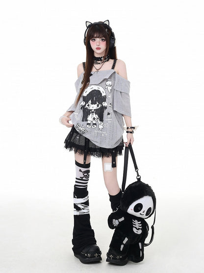 ネックライン ガールプリント Tシャツ カートゥーン グレー/ホワイト オフショルダー クロスデザイン