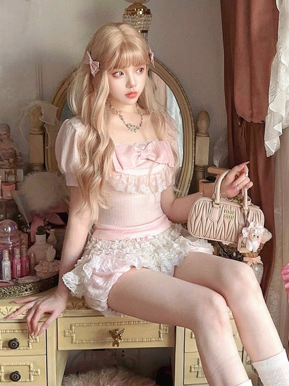 Rosa mit Ärmel Top Schleife Spitze Puff Trim Verspielt Slim-Fit