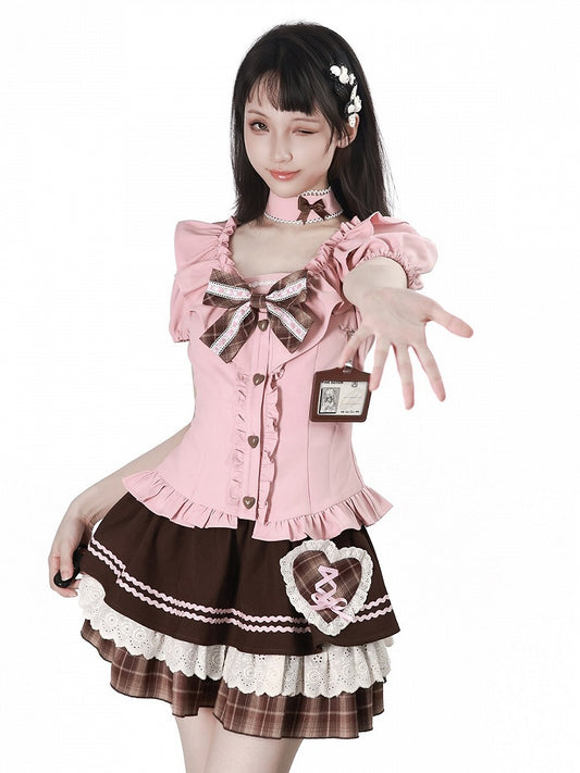 Sweet Kawaii Pink Puff Sleeve Waist-Cinching Blouse with Ruffles, Bow, and Choker Set - PINK SAVIOR