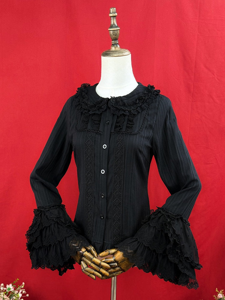 Bell Sleeves Lolita Cotton Jacquard Black Long Blouse