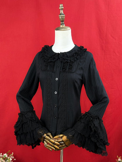 Bell Sleeves Lolita Cotton Jacquard Black Long Blouse