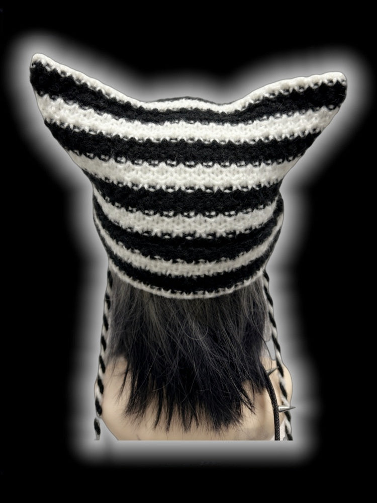 Black and White Cross Appliques Cat Ears Striped Beanie