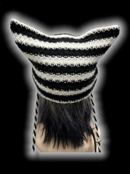 Black and White Cross Appliques Cat Ears Striped Beanie