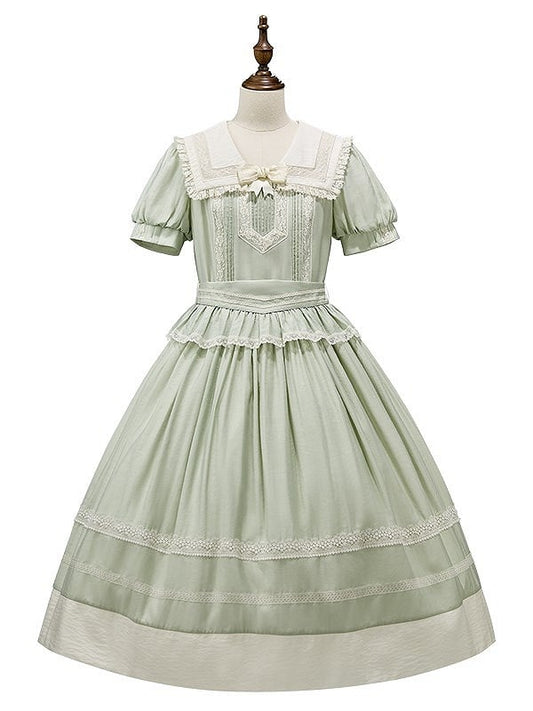 Sleeves with Lace Sailor Trim Collar Green Lolita and Puff Dress