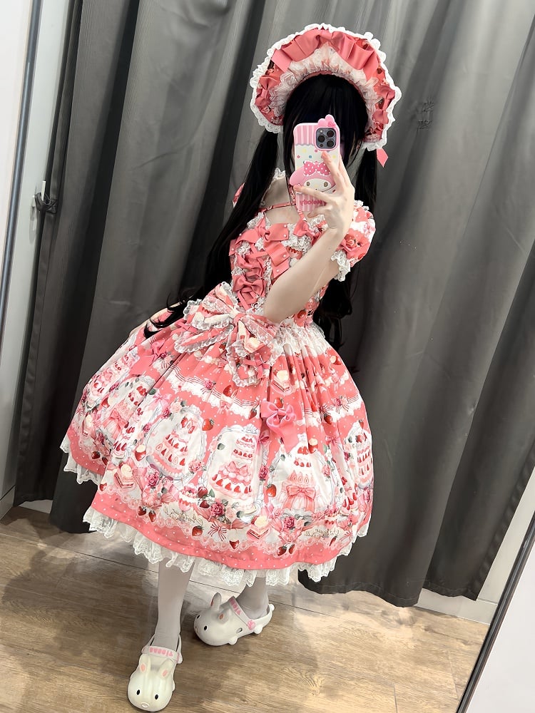 Dress Set Sweet Accents Print Full Bow Lolita Strawberry / Cake Pink