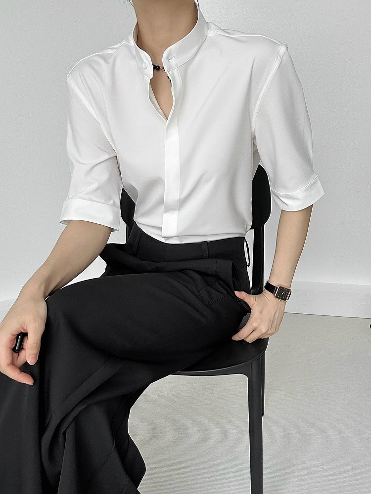 Ouji Lolita White Unisex Short Sleeve Shirt with Mandarin Collar & Button-Down Front