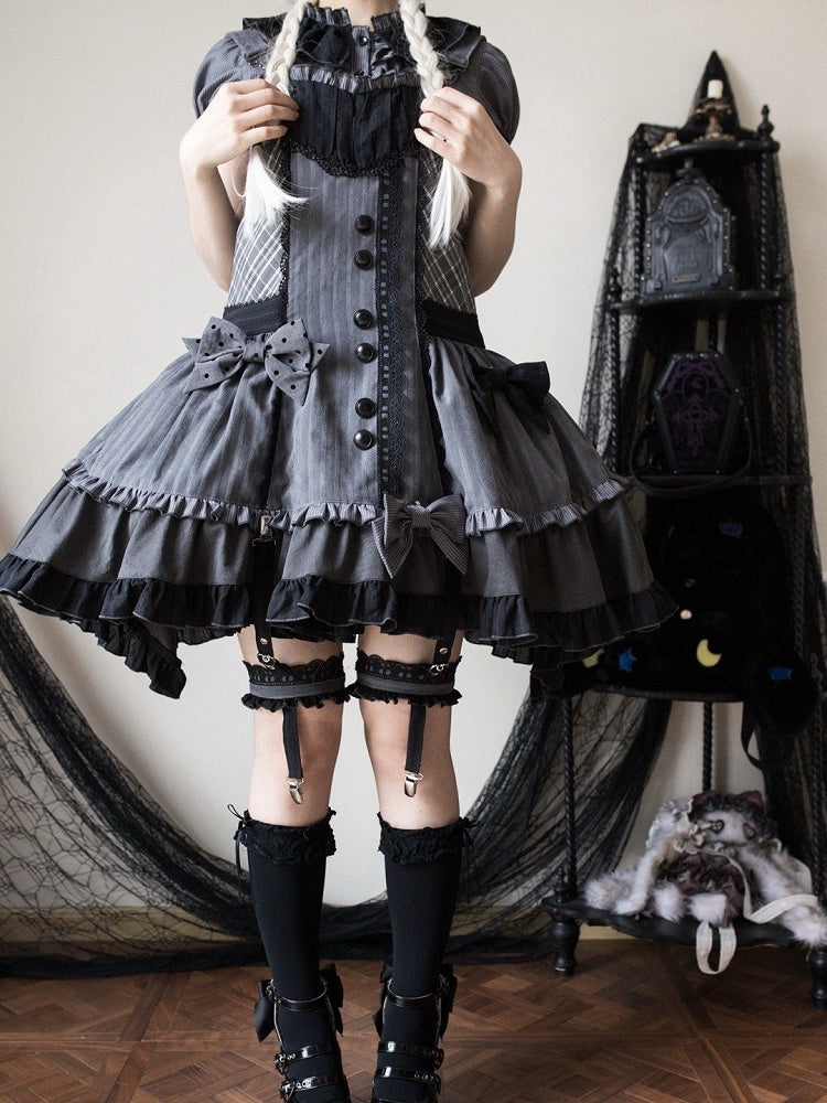 Abnehmbares Mieder, graue, dunkle Overall-Kapuze, kariertes Lolita-Ohren-Häschenkleid mit Muster